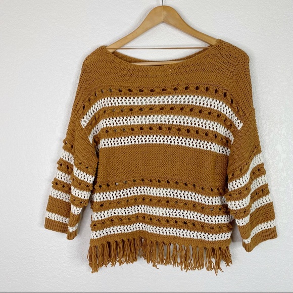 Lou & Grey for LOFT Mustard Yellow & White Open Knit Fringe Sweater - Picture 8 of 8